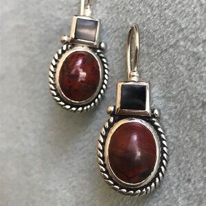 Sterling Silver Black Onyx and Red Stone Earrings